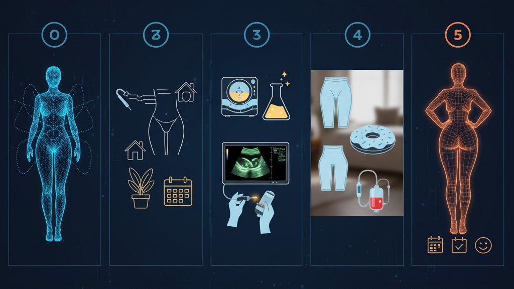 Infografía mostrando las 5 fases del proceso de aumento de glúteos seguro en la clínica.