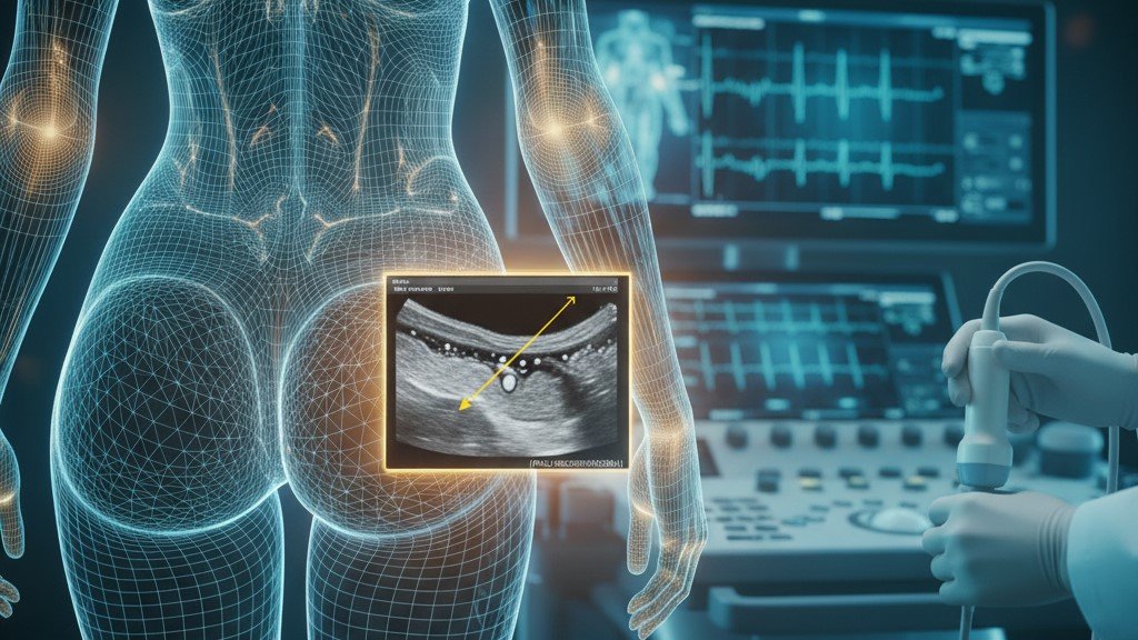 Ecografía mostrando la seguridad en el aumento de glúteos al guiar la cánula en la clínica de la Dra. Martínez.