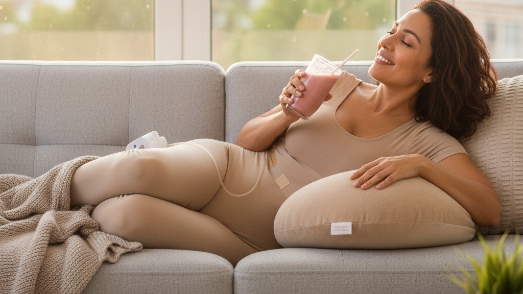 Paciente sonriendo con la bomba de infusión portátil para el manejo del dolor postoperatorio de su cirugía plástica.