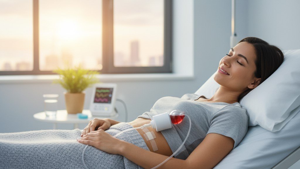 Paciente con una bomba de infusión elastomérica para una recuperación sin dolor de su cirugía plástica.