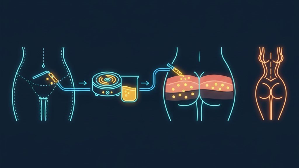 Diagrama del proceso de lipotransferencia glútea, mostrando la extracción de grasa del abdomen y la inyección en los glúteos.