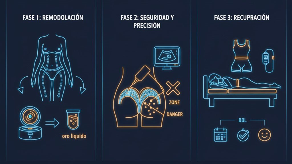 Infografía completa de la guía de aumento de glúteos con grasa propia, mostrando seguridad y proceso.