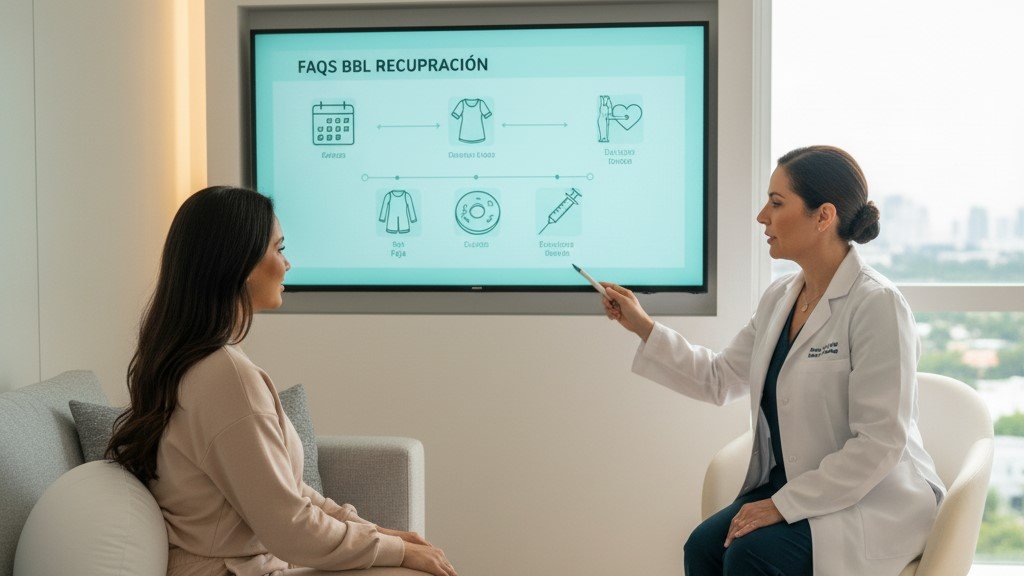 Paciente consultando sus preguntas frecuentes sobre la recuperación del BBL con la Dra. Martínez.