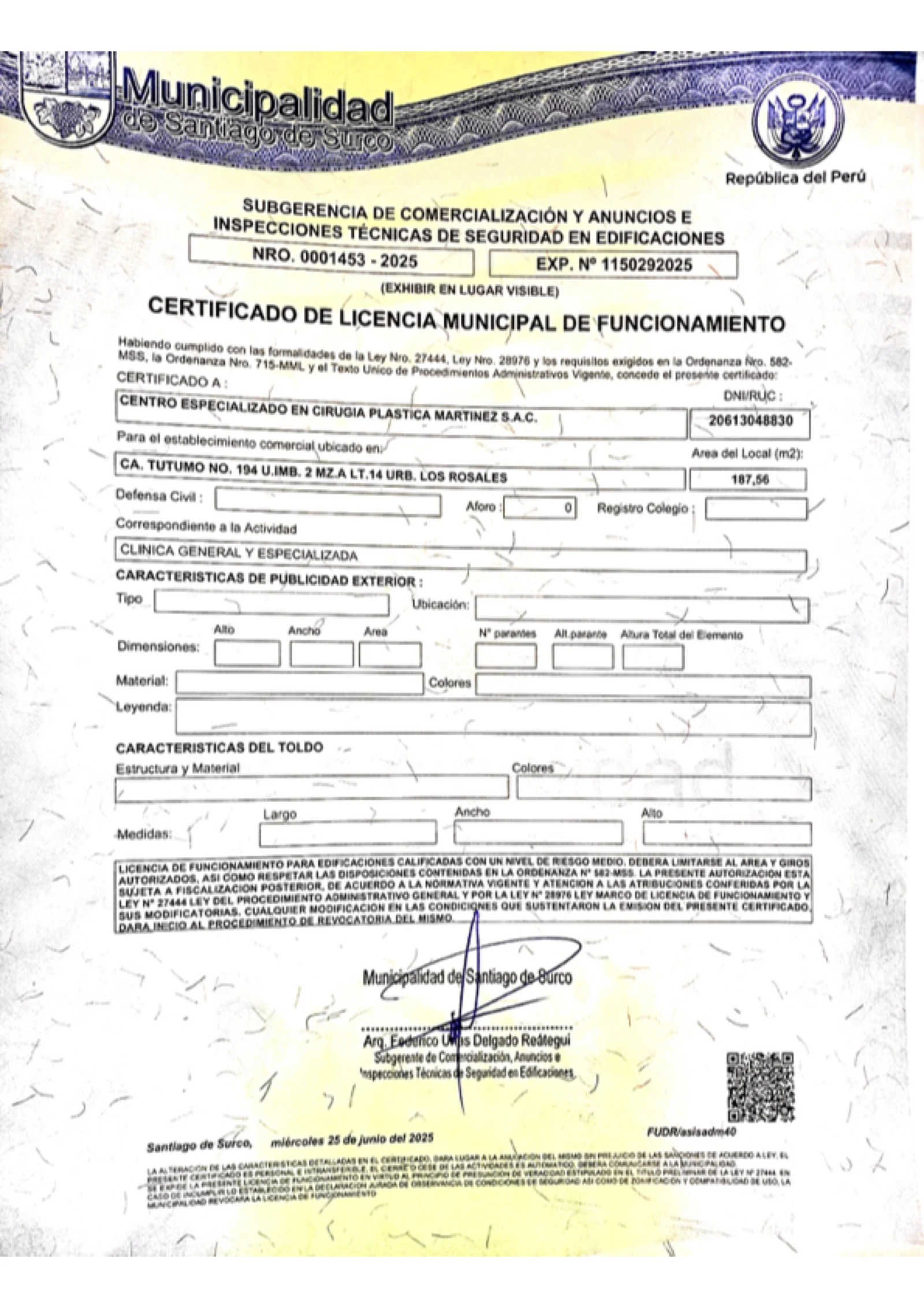 Licencia Municipal de Funcionamiento — Cirugía Plástica Martínez S.A.C.
