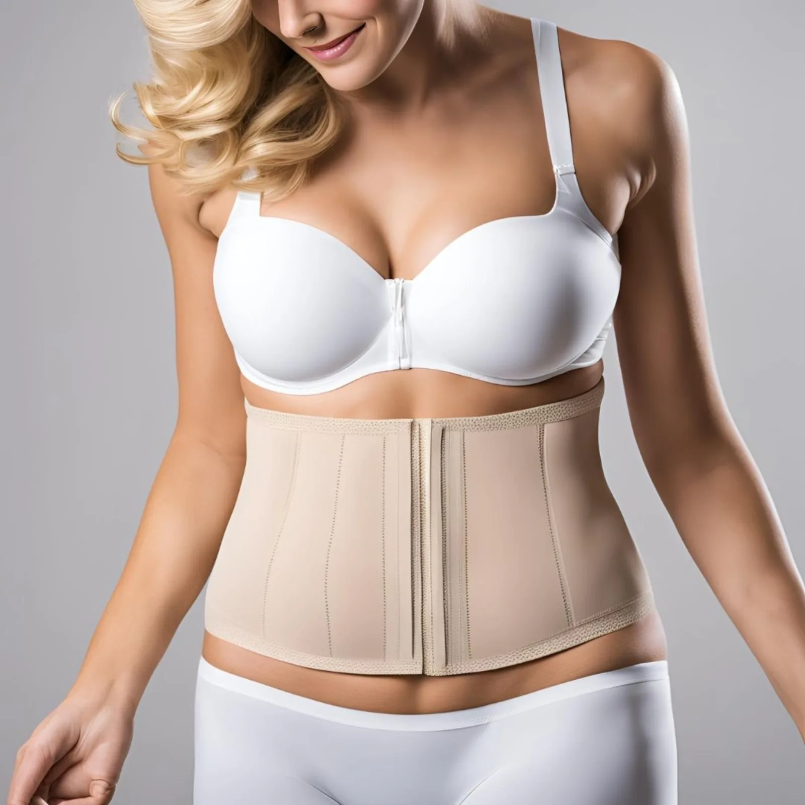 Persona usando una faja de compresión para recuperarse tras una operación de Abdominoplastía
